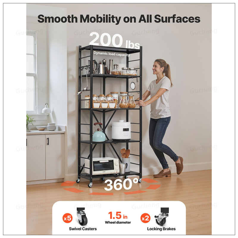 Étagère de rangement pliable en métal à 5 niveaux avec roulettes, installation facile et capacité de charge élevée pour une vie organisée