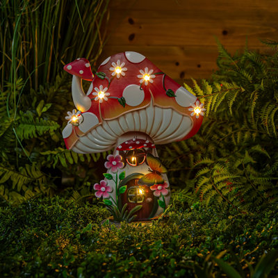 Statue de jardin à DEL en métal avec champignon floral, 16 po