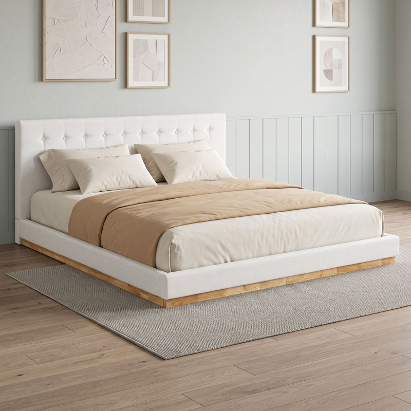 Wood Platform Bed with Upholstered Headboard