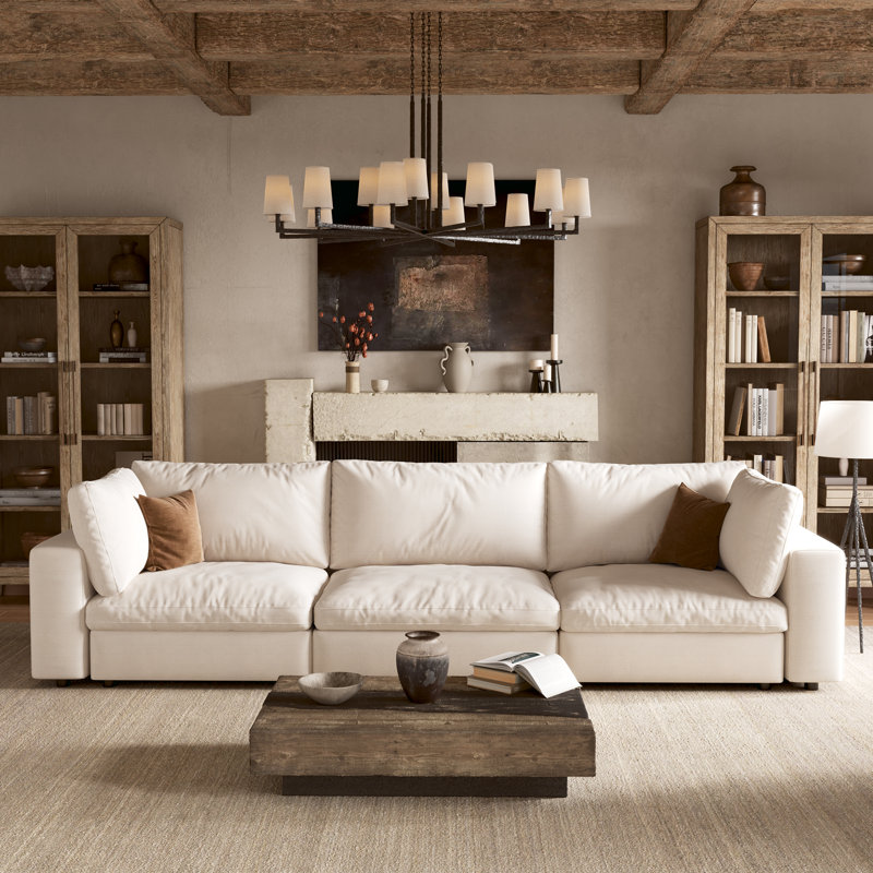 Canapé modulaire rembourré 3 pièces avec rangement 110,5 po, Lin blanc, H 37,6 po x l 110,5 po x P 64 po