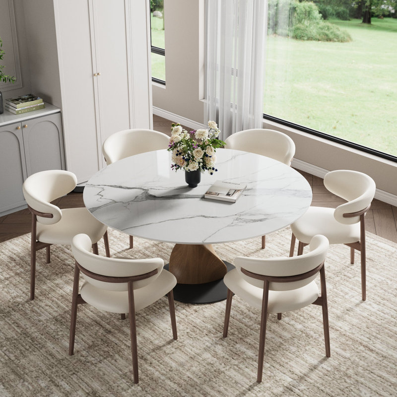 Ensemble de table de salle à manger 7 pièces, White Marble, 29.53" H x 53" W x 53" D