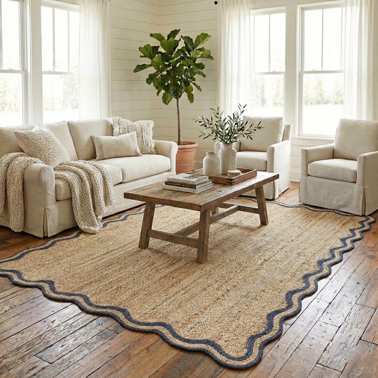 Ayanne Hand-Braided Scalloped Jute Navy Indoor Area Rug with Non-skid Backing