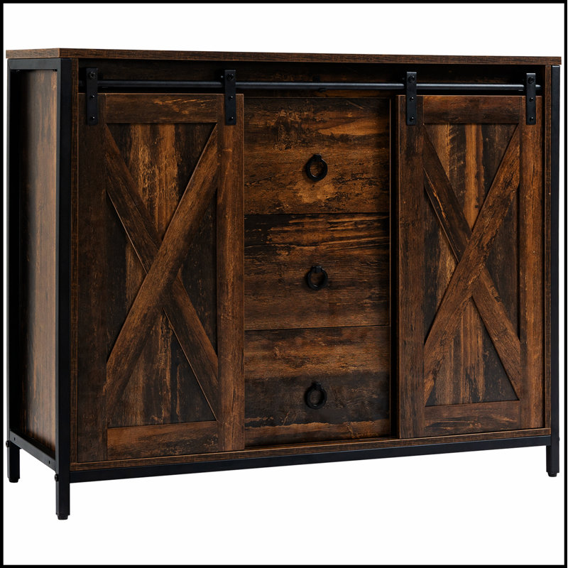 Buffet industriel avec portes de grange coulissantes, trois tiroirs et tablettes réglables pour un rangement moderne