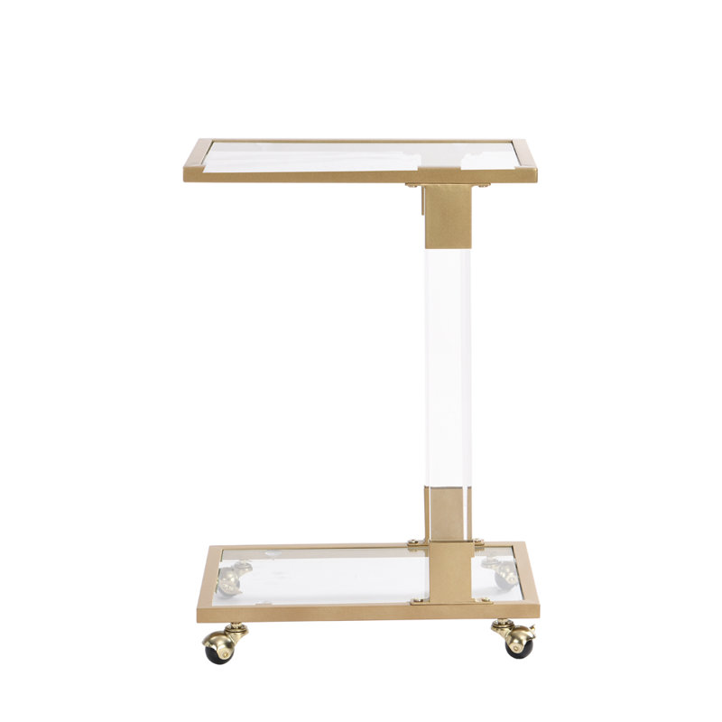 Acrylic Sofa Table, Glass Top C Shape Square Table with Metal Base, Gold