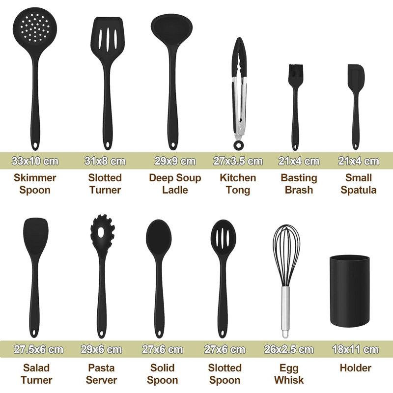 Kitchen Utensils Set Of 12, Silicone Cooking Utensils Set With Holder For Baking, Cooking, Non Stick & Heat Resistant Cookware Include Spatula Whisk Spoon Turner Tongs, Dishwasher Safe (Black)