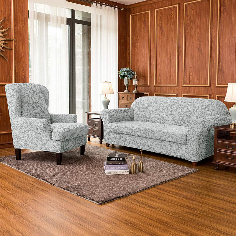 Housse pour canapé Stretch Damask, H 41 po x l 92 po x P 42 po, Mélange de polyester gris clair