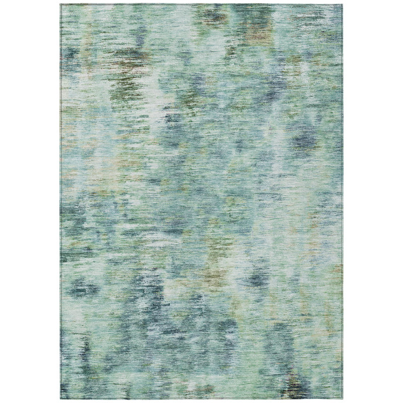 Tapis d'extérieur lavable abstrait bleu sarcelle 8 pi x 10 pi bleu et vert ivoire