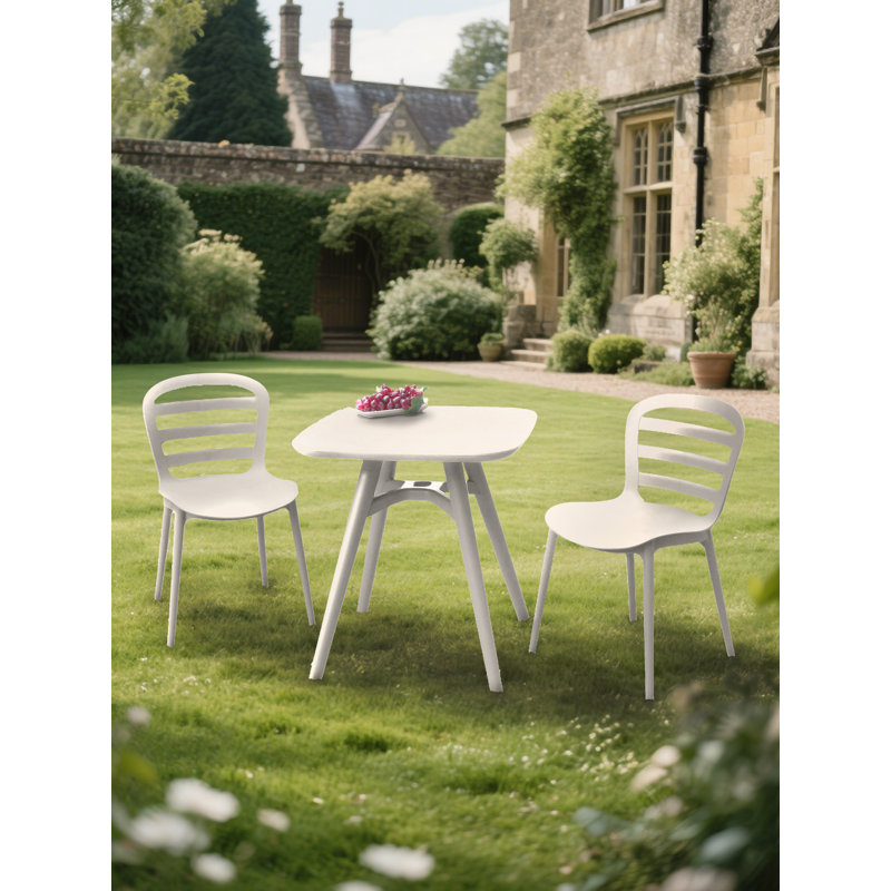 Bistro Set Outdoor with Stackable Garden Chairs 3 Pieces All Weather PP Chair and Table Sets for Deck Balcony Poolside (White)
