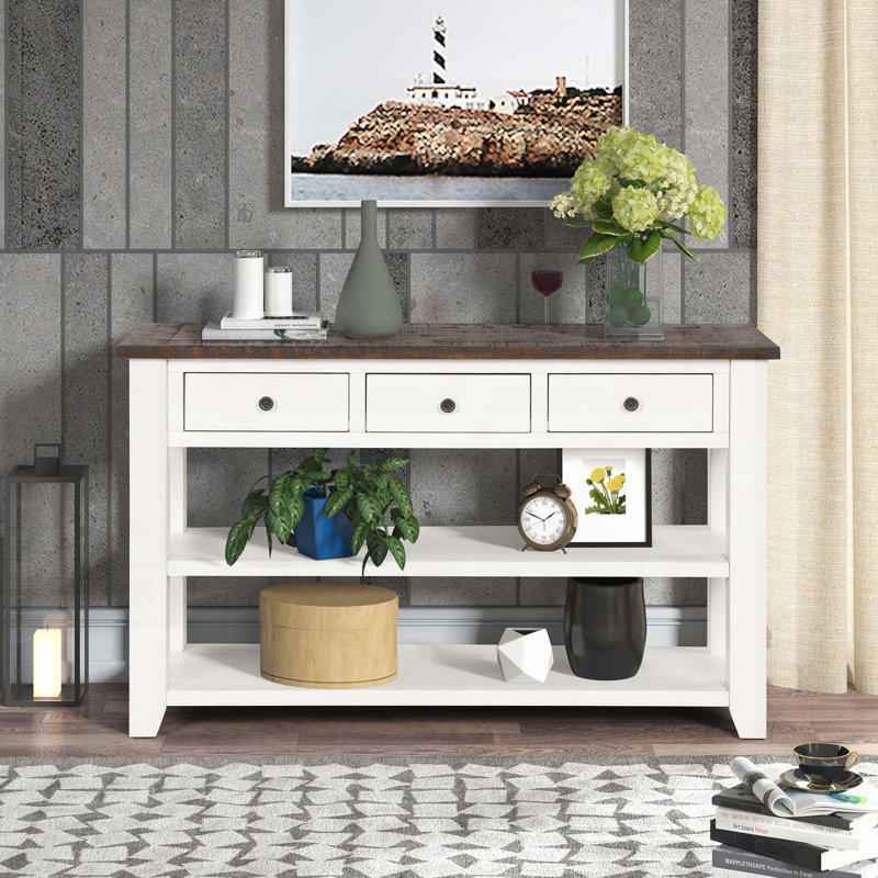 Console en bois de pin massif 48 po - 3 tiroirs et 2 tablettes, blanc antique, Blanc, Blanc