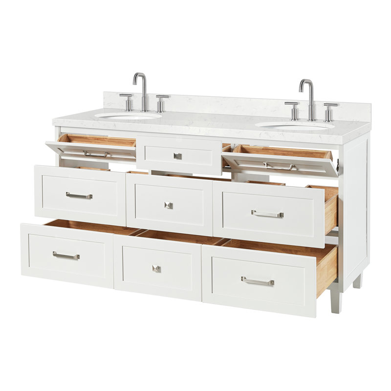 Ariel Monrow 66 Inch Double Oval Sink Bathroom Vanity With Carrara White Quartz Countertop, White
