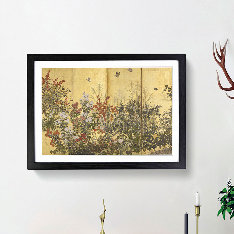Butterflies & the Flowers by Tawaraya Sotatsu - Picture Frame Art Print, Black Framed, 48cm H x 65cm W x 2cm D