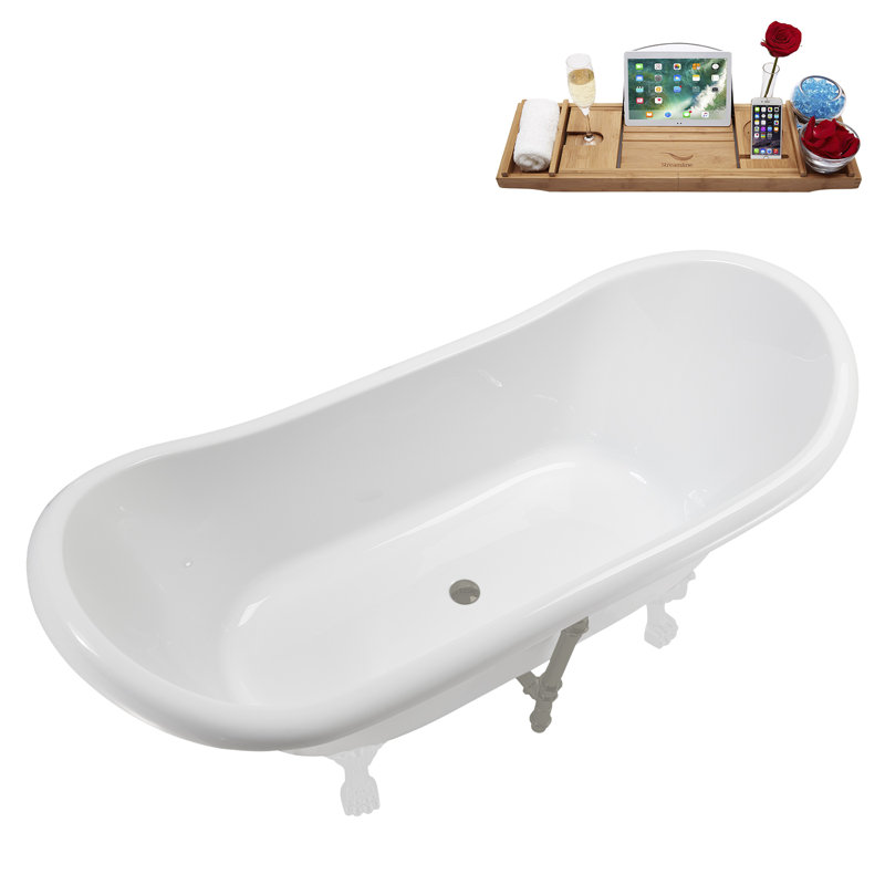 71" Streamline Clawfoot Tub,Tray,Drain and Clawfeet, Glossy White, Brushed GunMetal