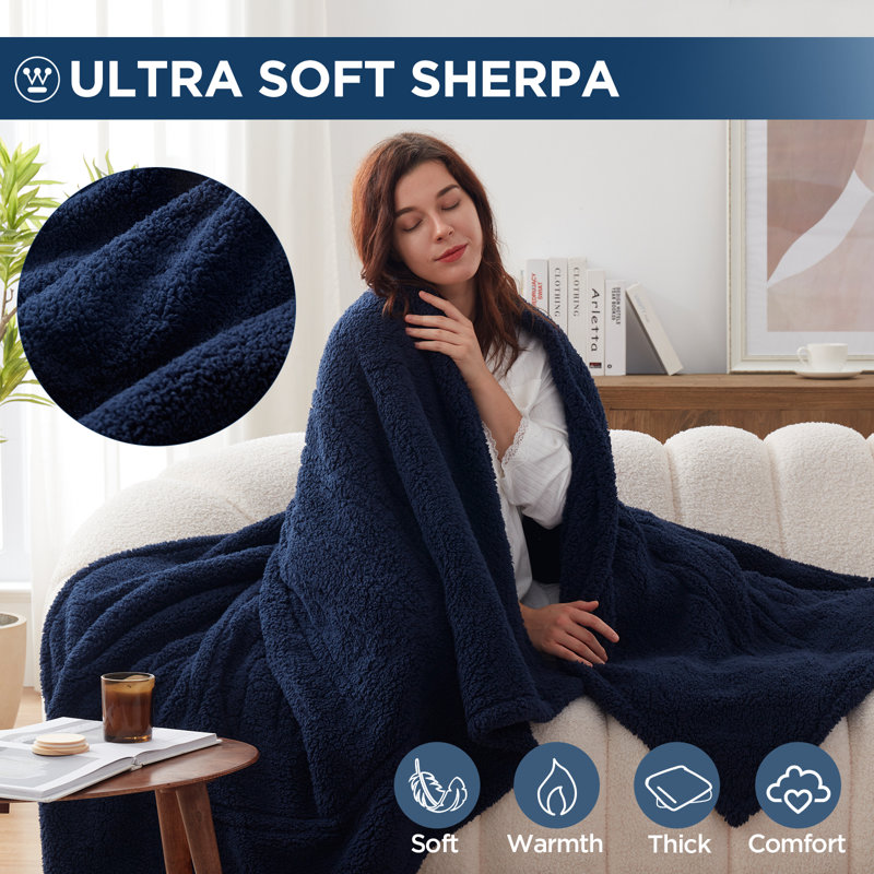 Westinghouse Soft Plush Sherpa Heated Blanket Throw, Navy