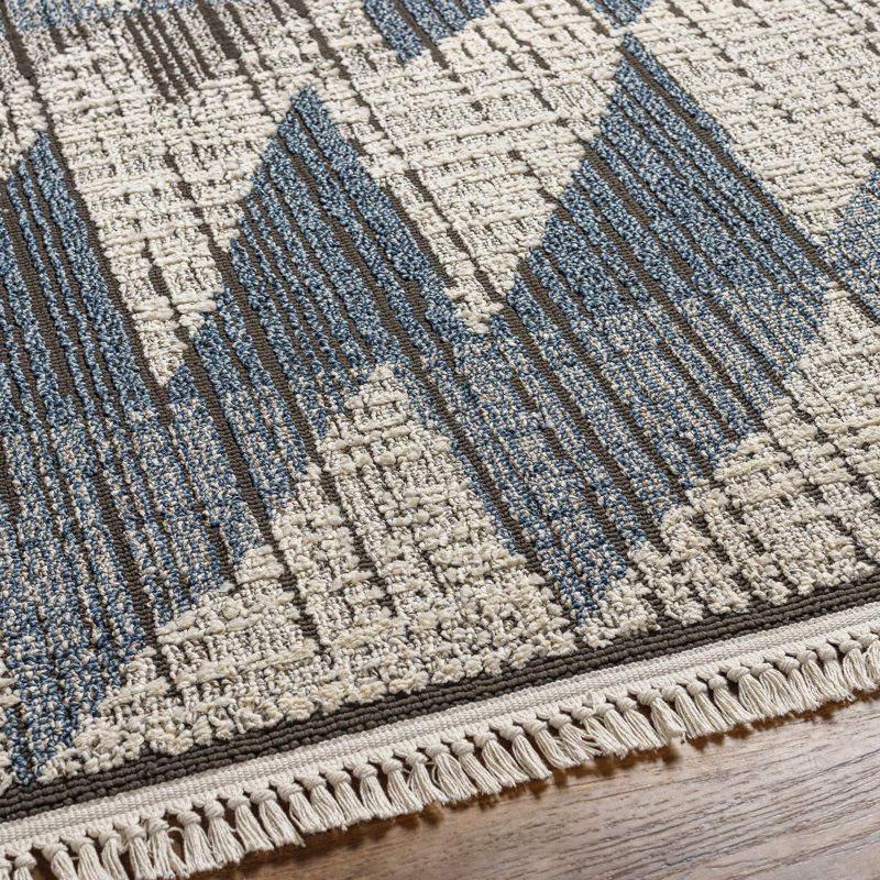 Tapis abstrait bleu et crème Leona, Tapis de couloir 2 pi 7 po x 7 pi 3 po