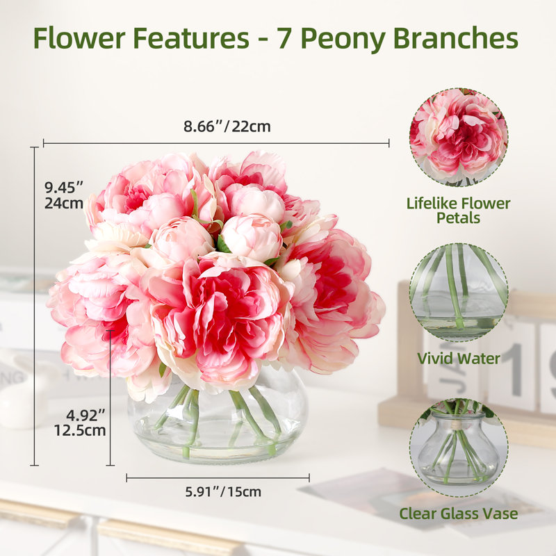Arrangement de pivoines roses artificielles avec base d'eau artificielle, fleurs en soie pour la décoration intérieure, Rose
