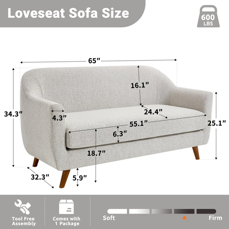 Kaya 65" W Modern Curved Arm Upholstered Boucle Sofa, Light Gray