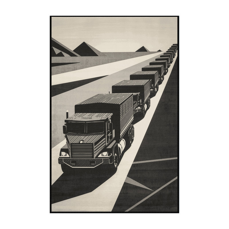 Soft Plush Eckman Transport Truck Convoy Modern Block Print Area Rug in Black – Black Binding, 8x10