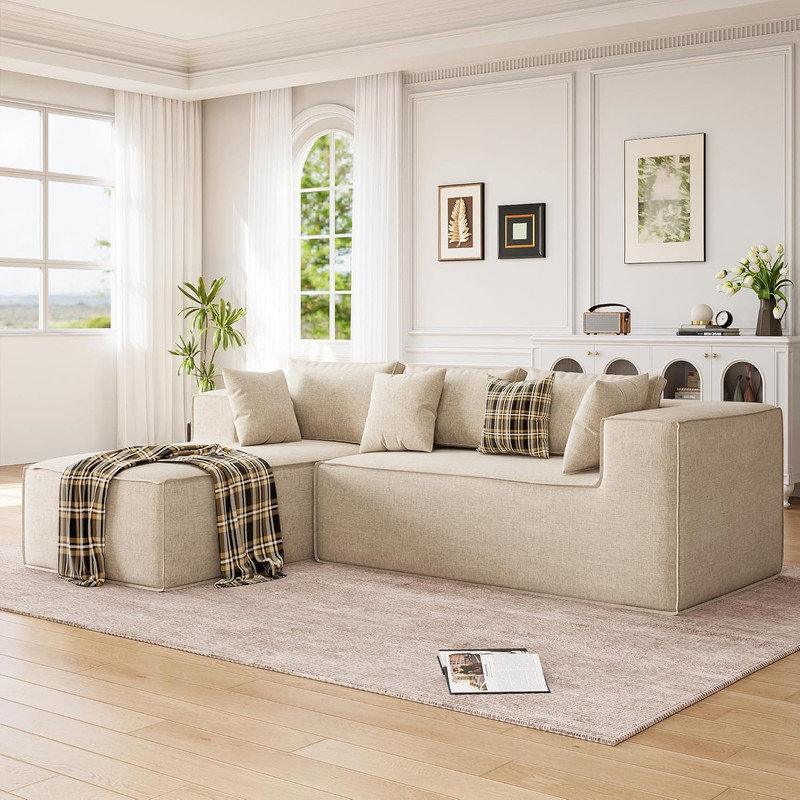 Canapé modulaire en forme de L Boneless, canapé en chenille à assise profonde pour salon, Chenille beige