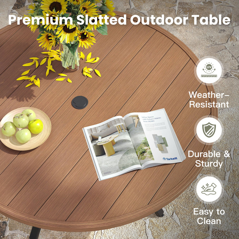 6-Person Round Patio Dining Set With Stackable Textilene Chairs, Brush Wood Brown/Black