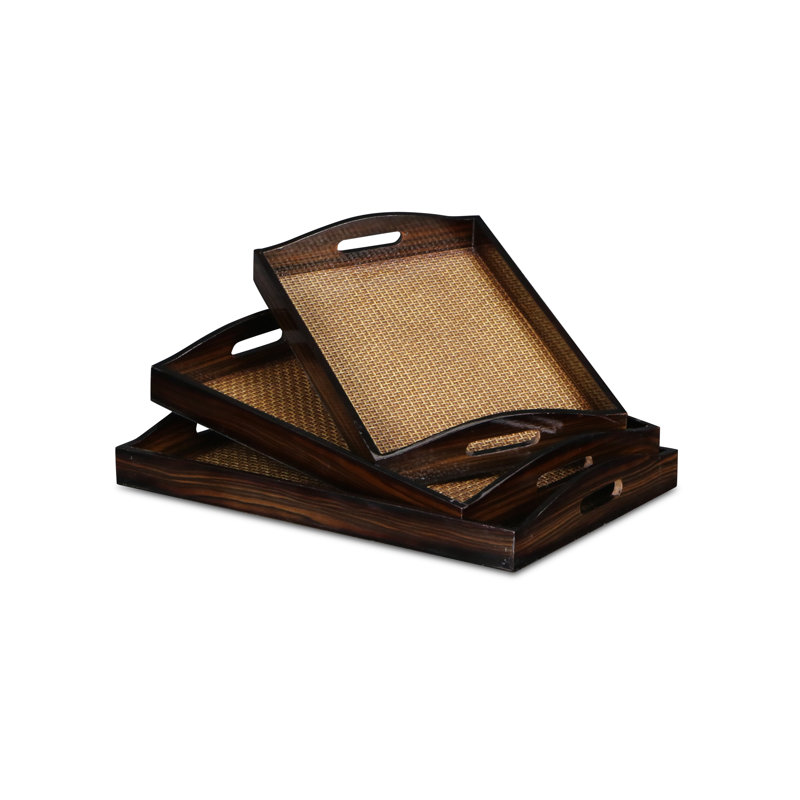 Brown Rectangular Wood Handmade Tray With Handles, 15.75" H x 2" W x 23.5" D