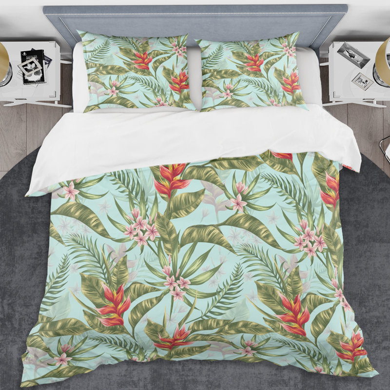 Retro Art Deco - Mid century bedding set - Modern Mid-century Bed cover set, Twin Duvet Cover + 1 Sham, Green Floral