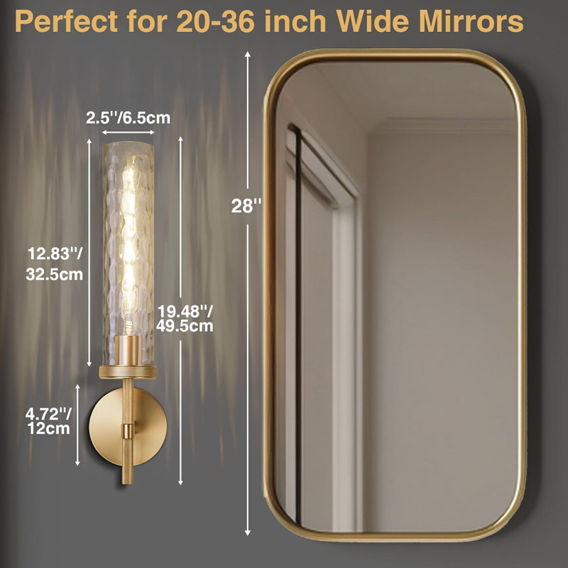 Vintage Industrial Wall Sconce With Rippled Glass Shade, Solid Knurled, Includes E26 Bulb For Bedroom, Bathroom, Entryway & Staircase Mirror Decor
