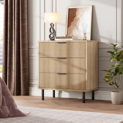 Wave Fluted 3 Drawer Dresser, 28'' Wide Chest of Drawers with Anti-Tipping Device, Tall Wood Nightstand with Storage and Metal Legs for Bedroom, Hallway, Entryway, Small Spaces