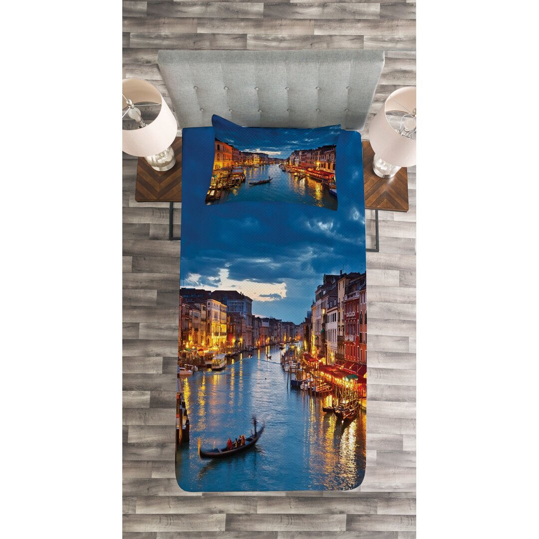 Tagesdecke Set, Blick auf den Canal Grande Rialto, Venedig, Indigo und Gelb