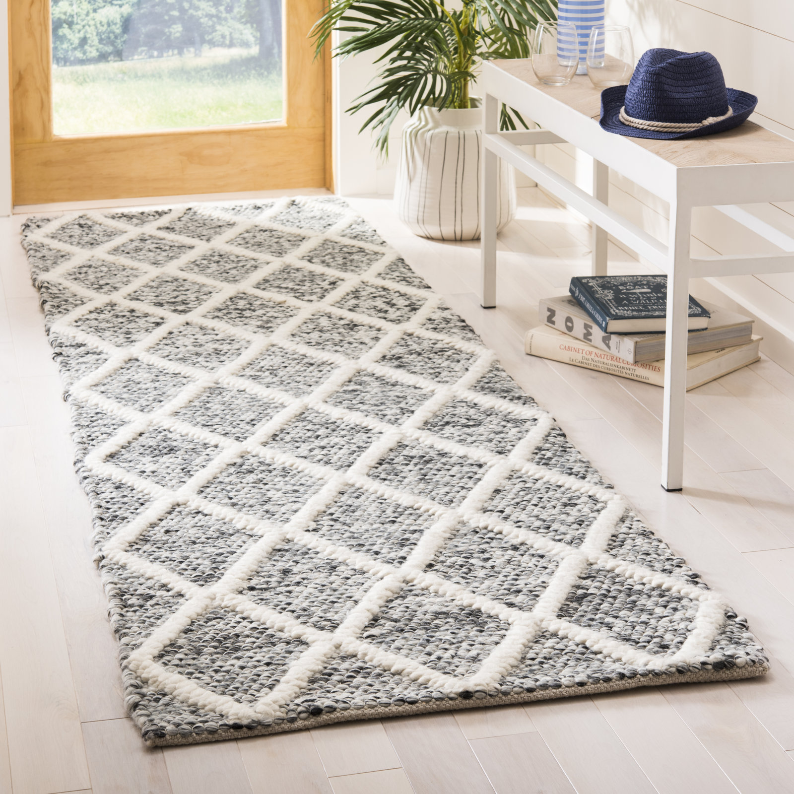 Russo Ivory Black Hand-Woven Geometric Rug, Runner 2'3" x 8'