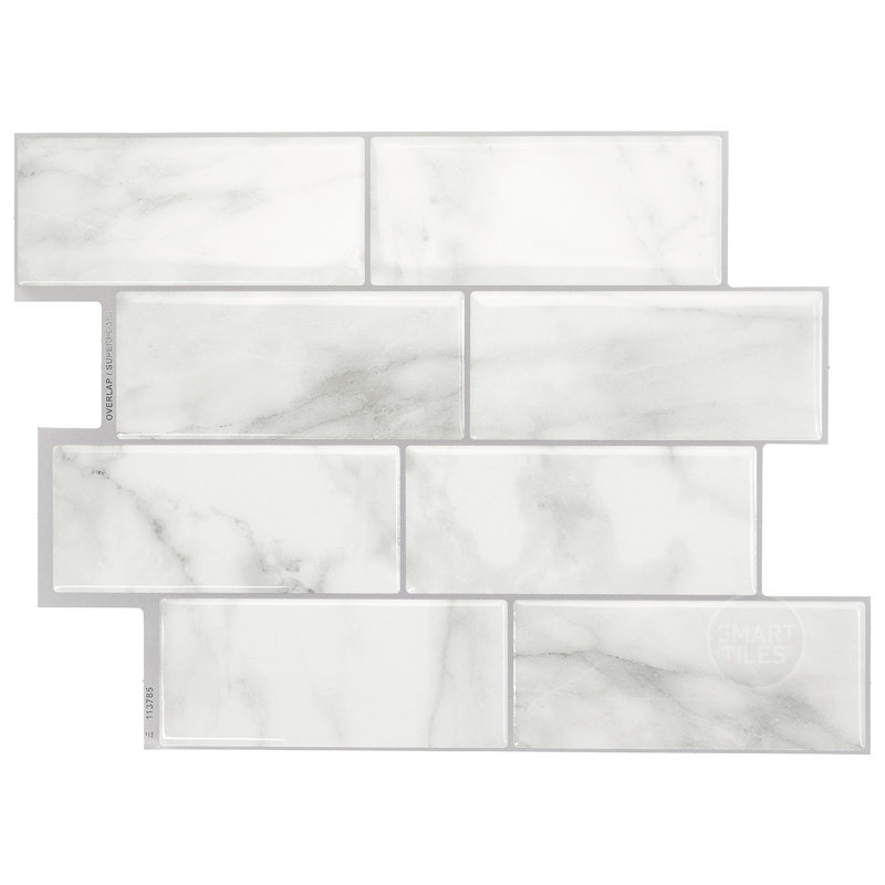 Carreau de dosseret en gel adhésif style métro 12 po x 8 po, Marbre gris/blanc