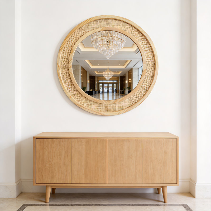 Miroir mural rond 30 po en rotin, 30 po x 30 po, Bois naturel