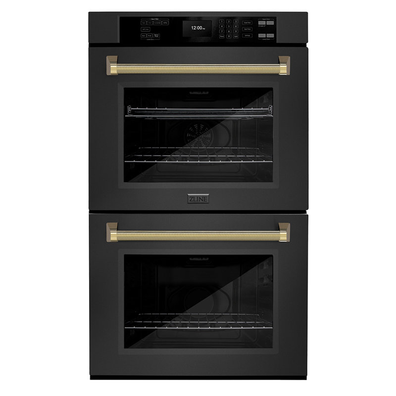 ZLINE Autograph 30 in. True Convection Double Wall Oven in Black Steel with Gold Helix Handles