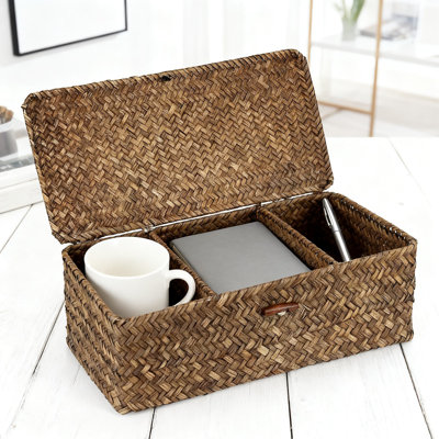 Panier de rangement avec couvercle et 3 compartiments, organisateur tissé pour la salle de bain, la toilette, l'étagère et le comptoir, tissé à la main pour les articles de toilette, les cosmétiques et les articles essentiels