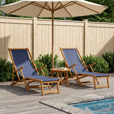  Chaise longue pliante 2 pièces en bois d'eucalyptus massif 3 positions bleu