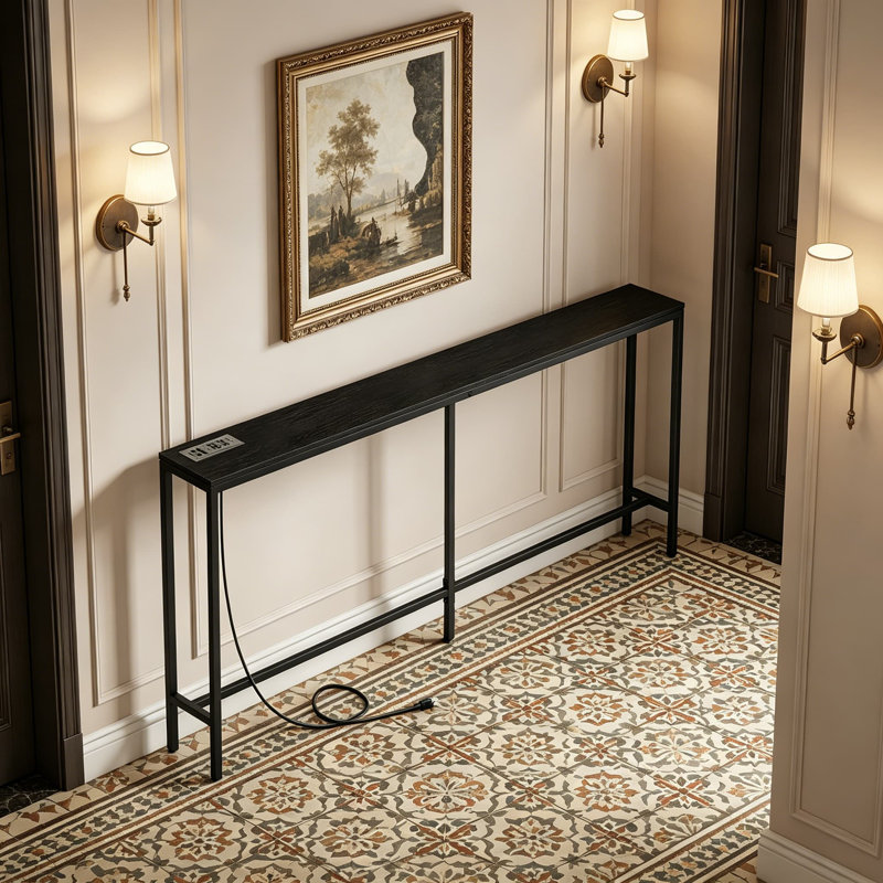 Industrial Console Table With Built-In Power Outlet & USB Ports, Narrow Sofa Table For Behind Couch, Entryway, Hallway, And Living Room