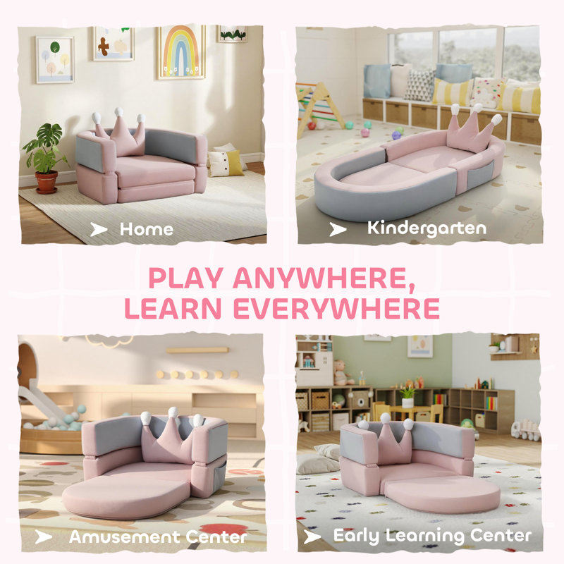Ensemble de jeu convertible 3-en-1 avec coussin couronne pour tout-petits, rose