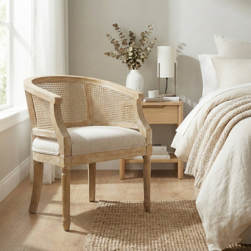 Mid Century Rattan Upholstered Solid Wood Accent Chair