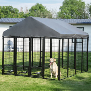 94.5" X 92.9" Large Outdoor Dog Kennel, Heavy Duty Metal Dog Playpen With 200D Waterproof UV-Resistant Roof, 360° Rotating Feeding Doors & 3 Stainless Steel Bowls, For Dogs Up To 110 Lbs, Black