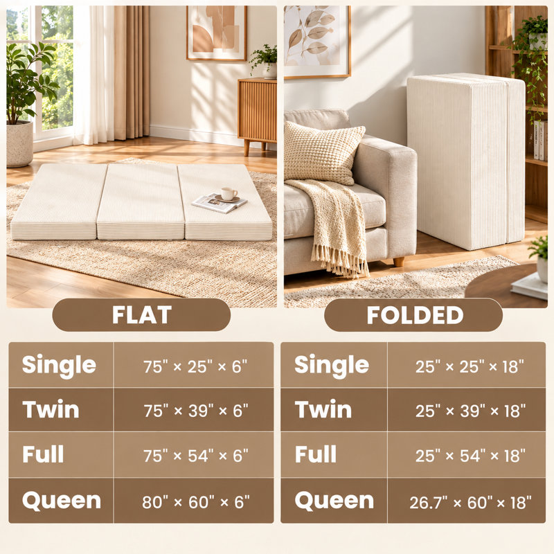 Matelas futon pliable en trois parties de 15 cm d'épaisseur avec housse amovible et lavable, fond antidérapant et poignées de transport pour les invités et les chambres d'étudiants
