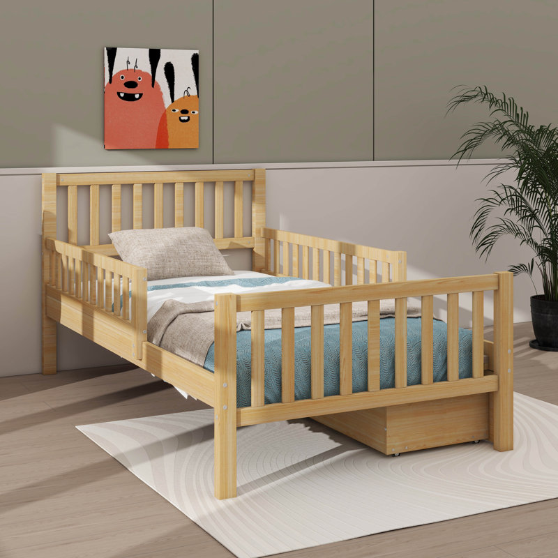 Lit plateforme en bois avec deux rails latéraux et deux tiroirs intégrés, Lit simple