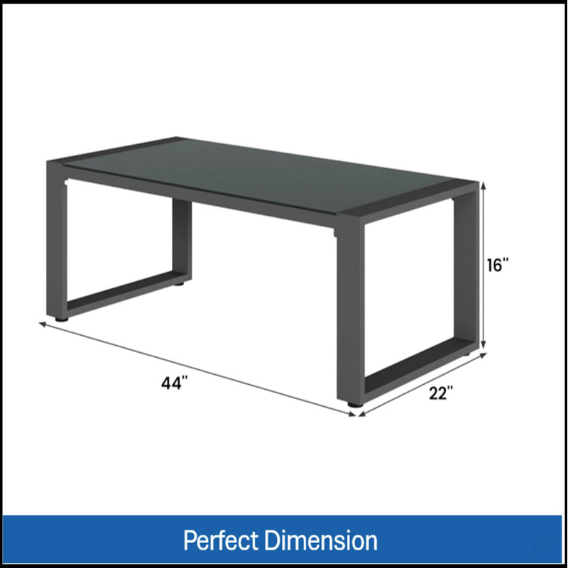 Table basse d'extérieur en aluminium toutes saisons avec plateau en verre trempé, durable et élégante pour une utilisation toute l'année