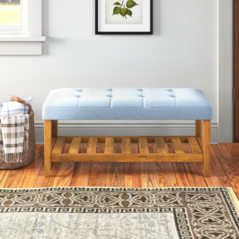 Banc de rangement rembourré en bois avec tablette à lattes Warwickshire, Bleu clair, Brun