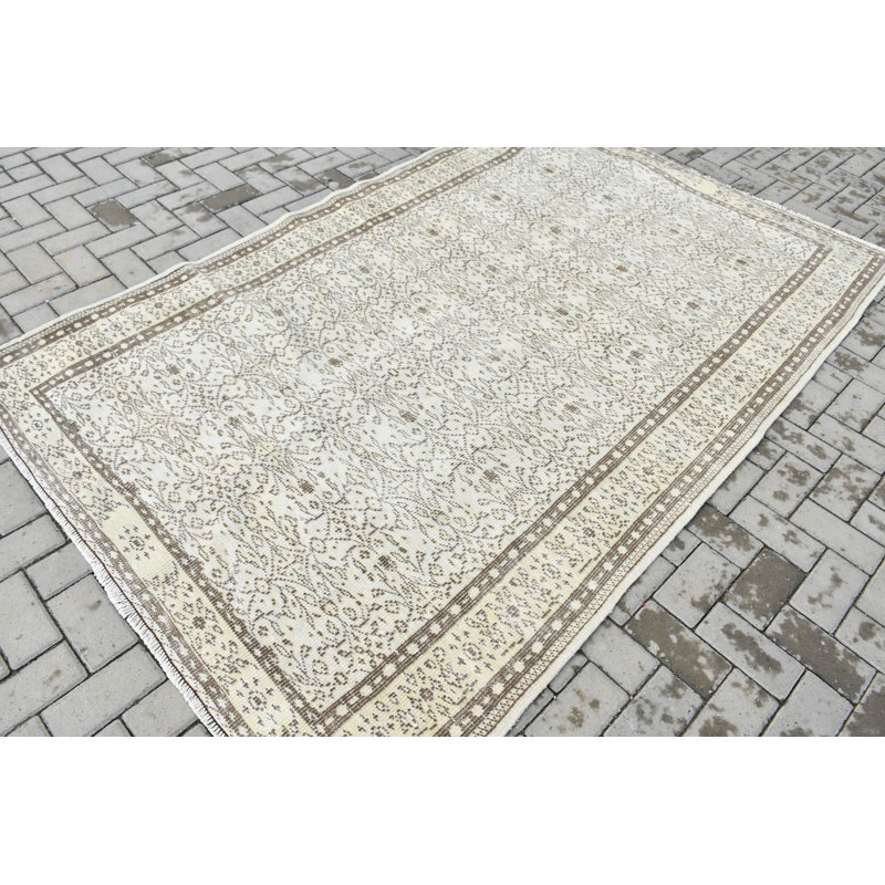 Grand tapis turc rétro beige de style bohème tissé à la main, idéal pour rehausser le décor du salon