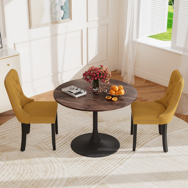 Ensemble repas rond à piédestal avec 2 chaises, Brun / Noir, Jaune