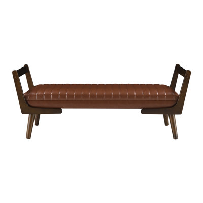 52" Mid Century Bench With Walnut Wood Leg,Channeled Upholstered Footrest Stool For Kitchen, Living Room, Bedroom, Entryway, End Of Bed. PU Cognac