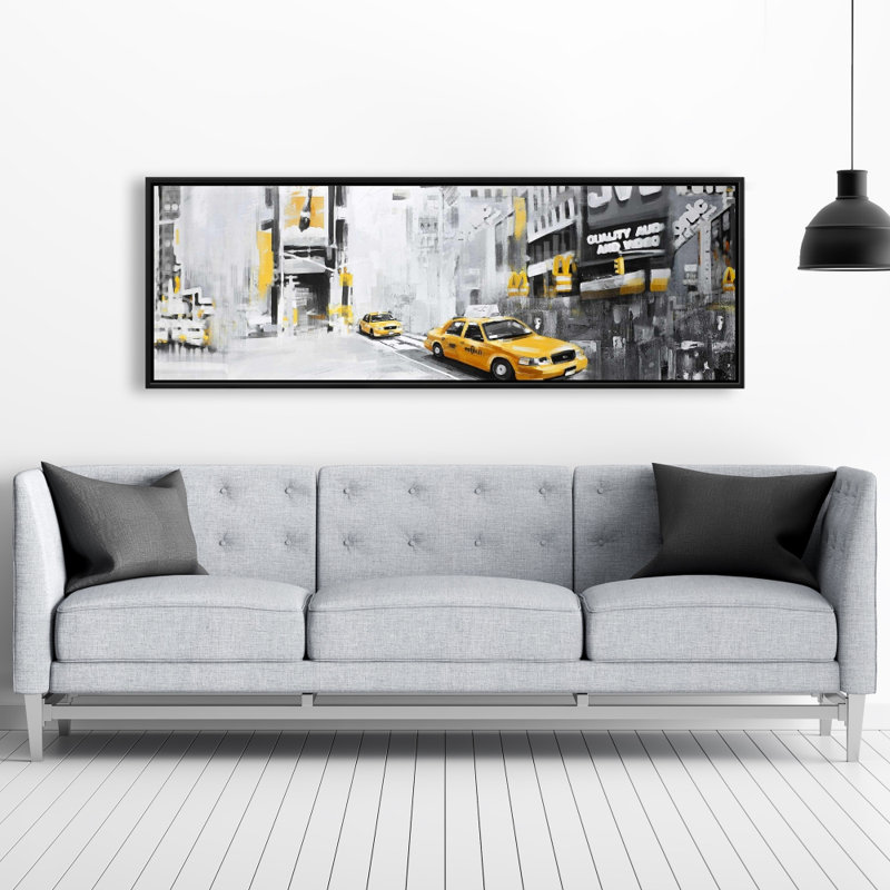 New York City avec des taxis - décor de toile industrielle noire encadrée