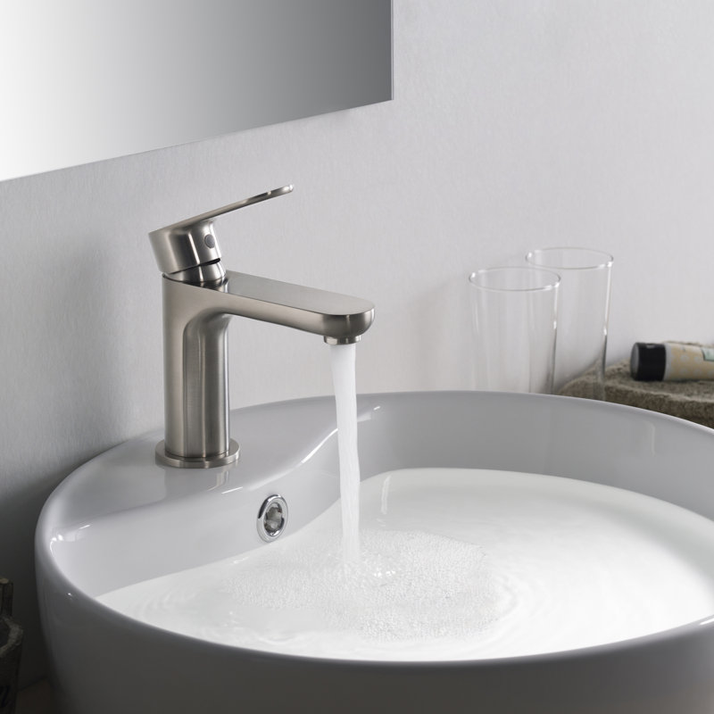 Blossom Brushed Nickel Single Hole Bathroom Faucet – Single Handle Vanity Sink Faucet with High Arc Spout, Drip-Free Ceramic Cartridge, and Water Supply Hose