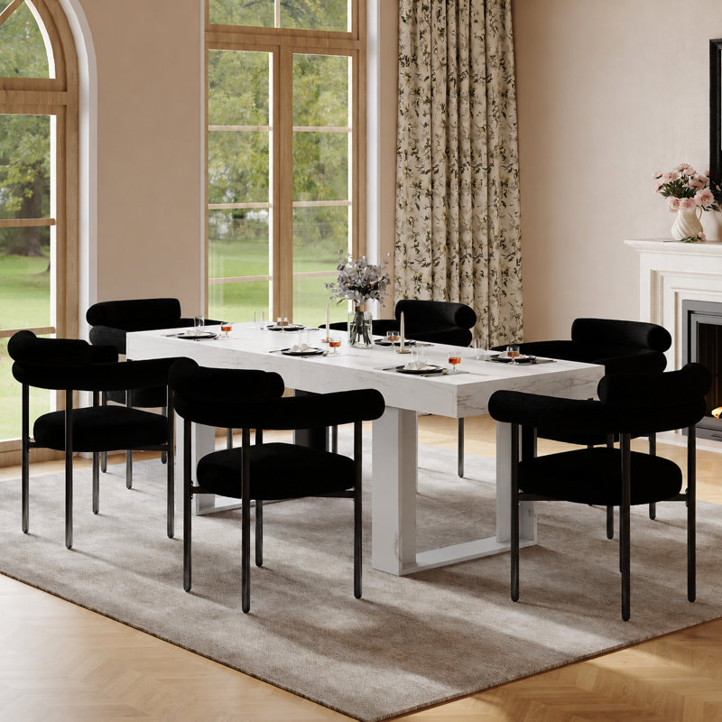 6 - Person Dining Table Sets With Rectangular Extendable Dining Table & 6 Upholstered Chairs, White/White