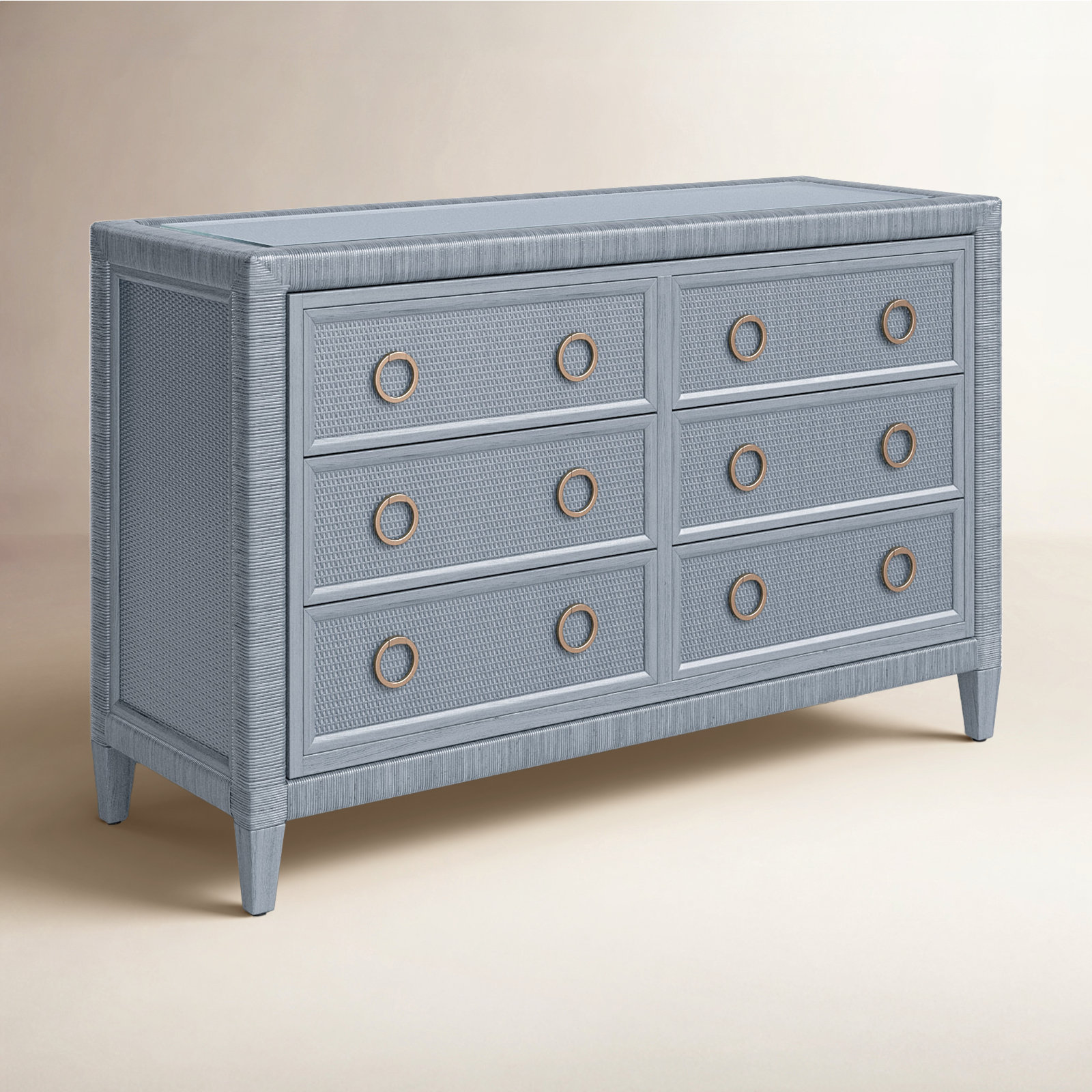 Warwick 6-Drawer 54" W Double Dresser, Sea Glass, Satin Brass