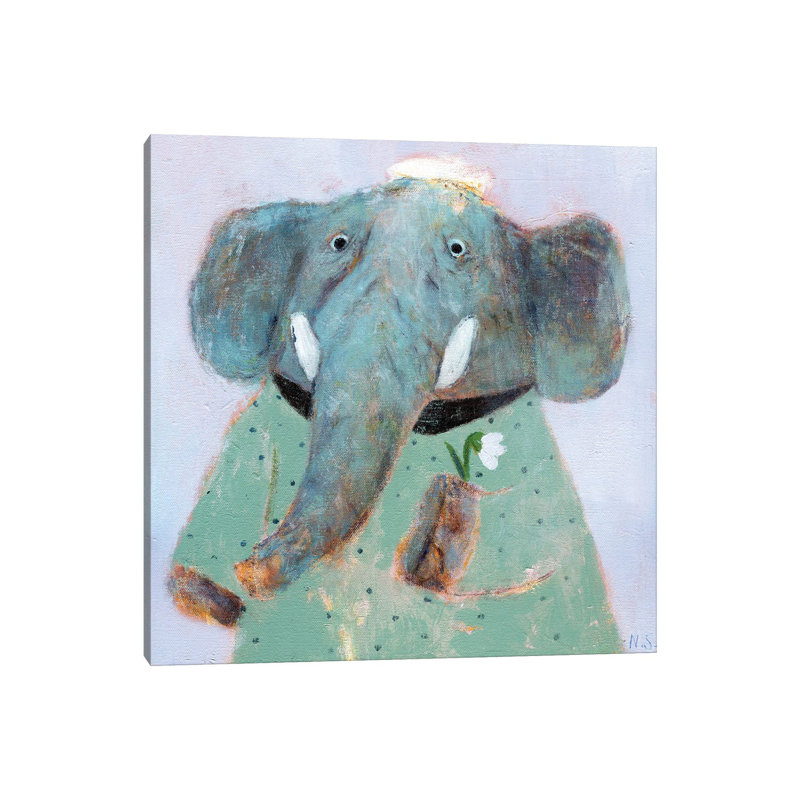 Blue Elephant And The Flower By Natalia Shaloshvili - Wrapped Canvas Painting by Natalia Shaloshvili - Wrapped Canvas Painting